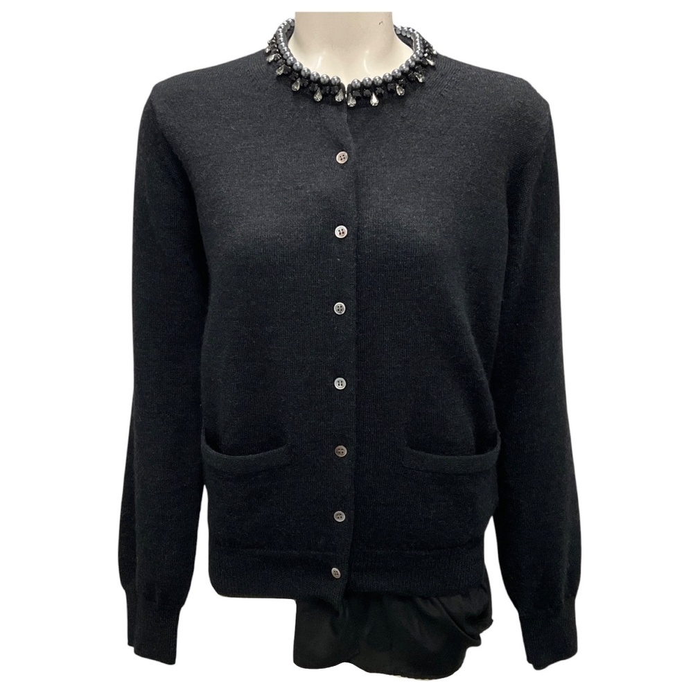 SACAI DARK CHARCOAL GREY PEARL BIJOUX DECORATIVE KNIT CARDIGAN